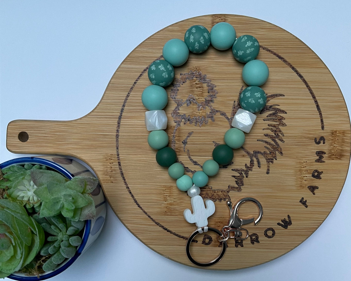 White Cactus Teardrop Wristlet Keychain